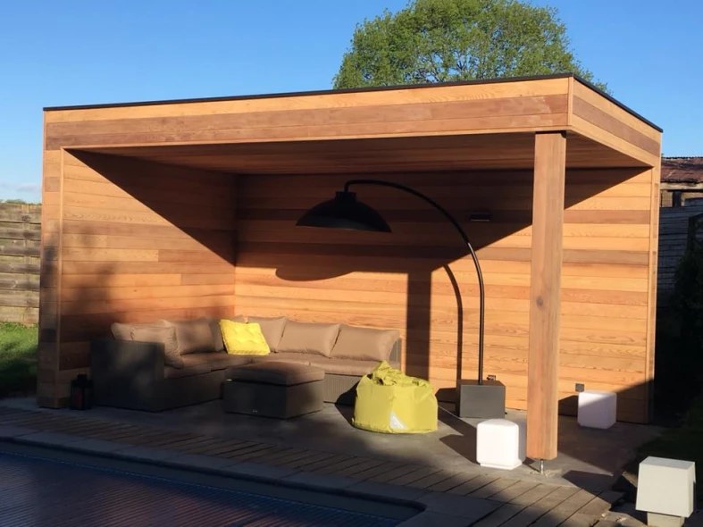 Abri de jardin contemporain en cèdre au bord d'une piscine